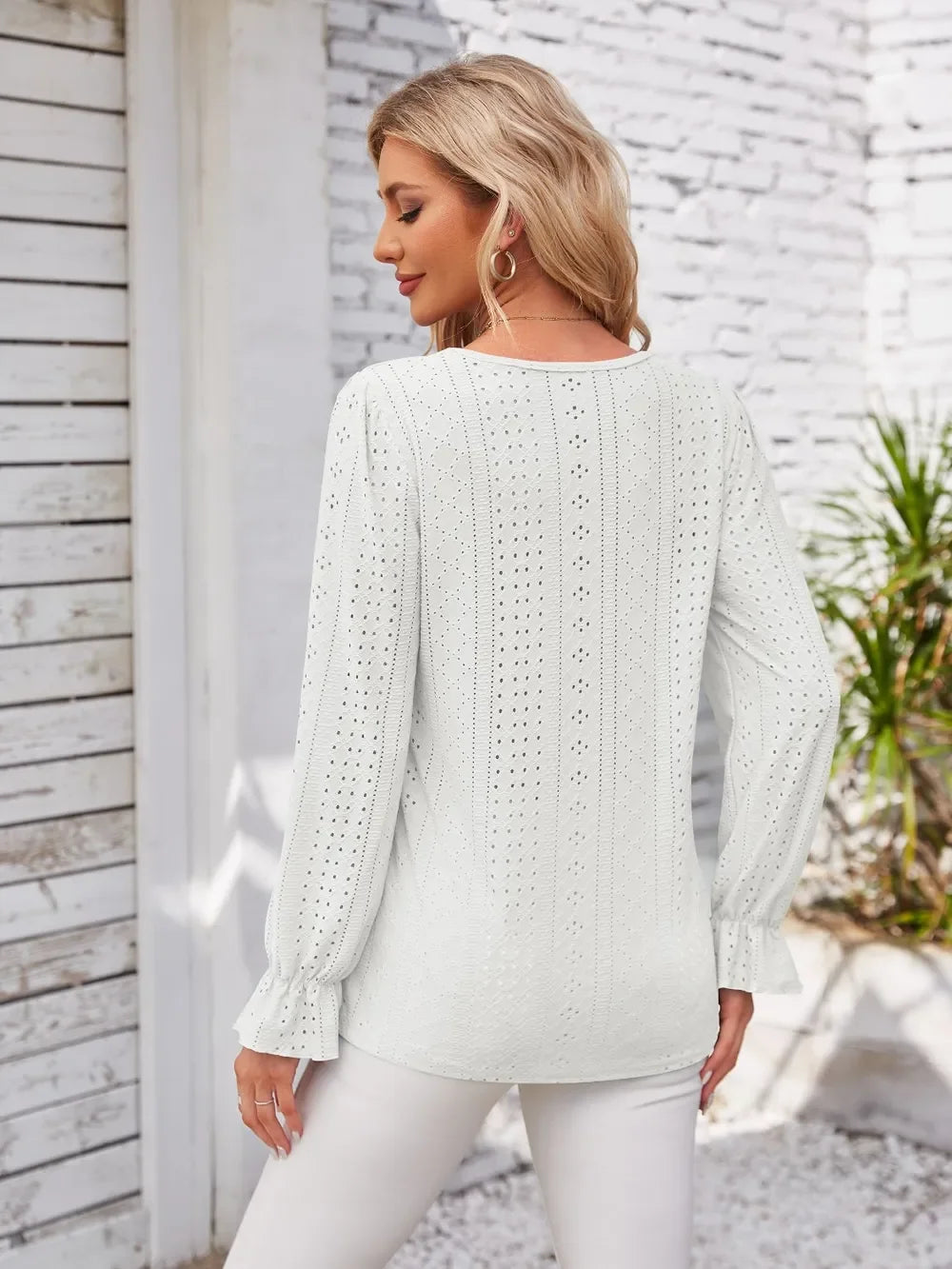 Applique V-Neck Flounce Sleeve Polyester T-Shirt - Southern Shores Clothing