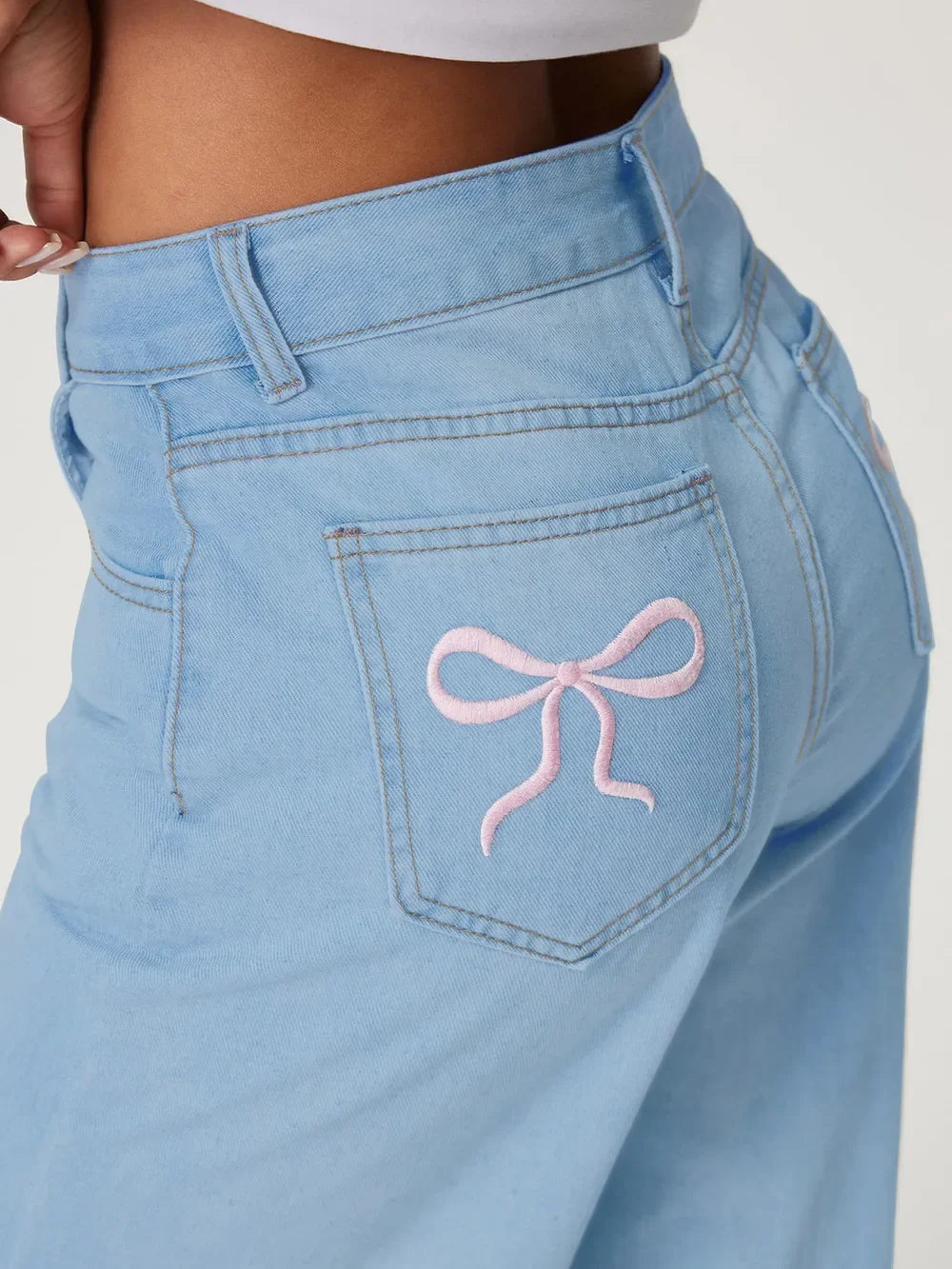 Charleston Inspired Embroidered Bow Back Wide Leg Jeans - Southern Shores Clothing