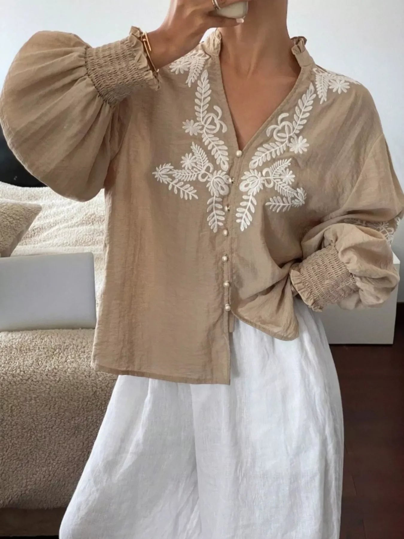 Southern Shores Elegant Embroidered Long Sleeve Buttoned Polyester Blouse With Je T'aime Design - Southern Shores Clothing