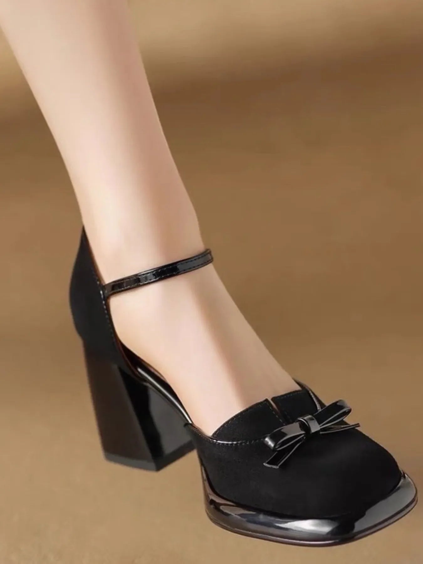 Bow Block Heel Ankle Strap Pumps For Evening Wear