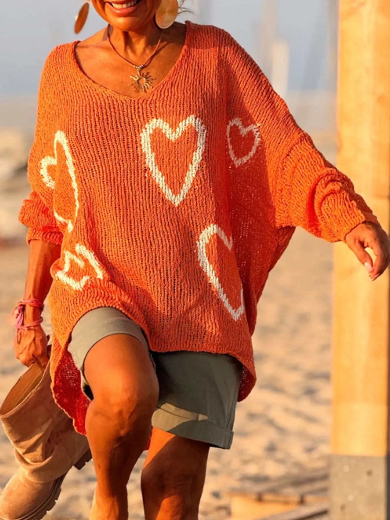 Heart V-Neck Dropped Shoulder Sweater | Southern Shores Clothing - Southern Shores Clothing