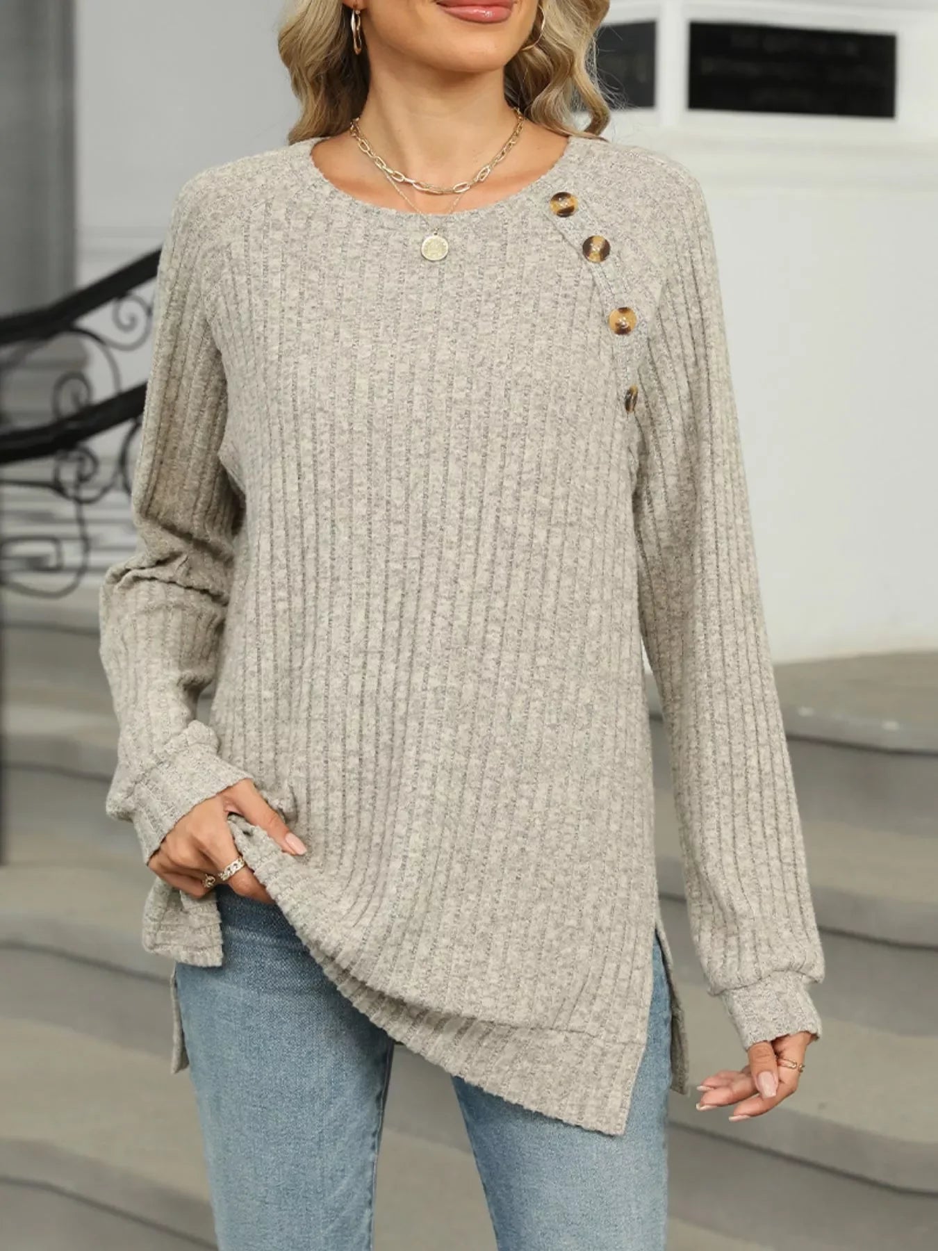 Round Neck Side Slit Ribbed Knit Top with Asymmetric Button Detail - Southern Shores Clothing
