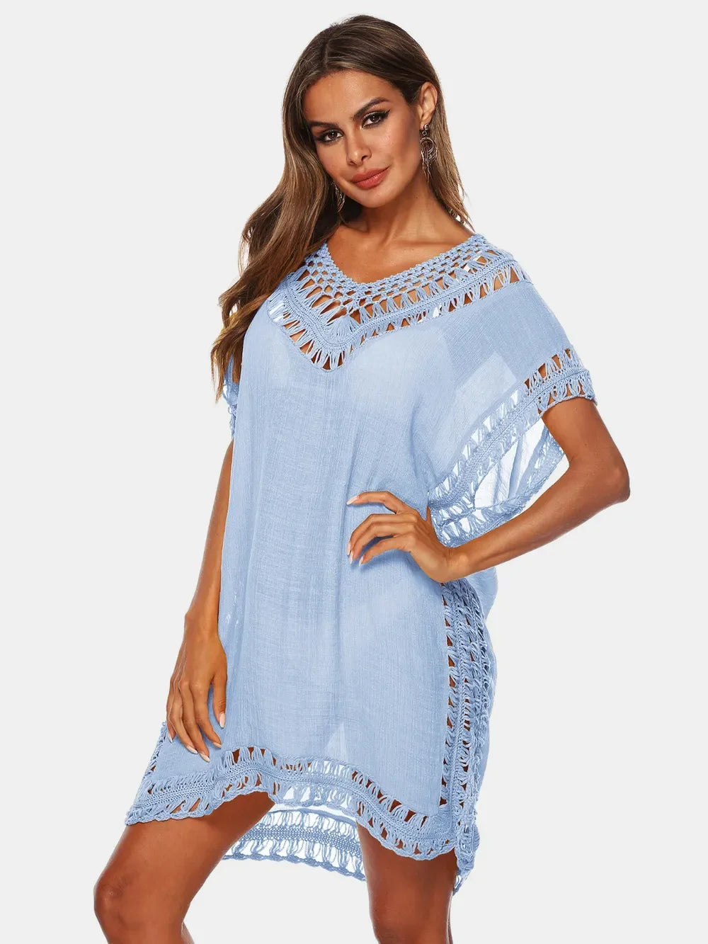 Cutout V-Neck Short Sleeve Cover-Up One Size - Southern Shores Clothing