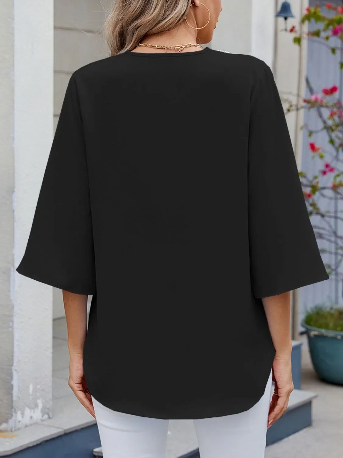 V-Neck Three Quarter Sleeve Lace Blouse Rayon Blend Fabric - Southern Shores Clothing
