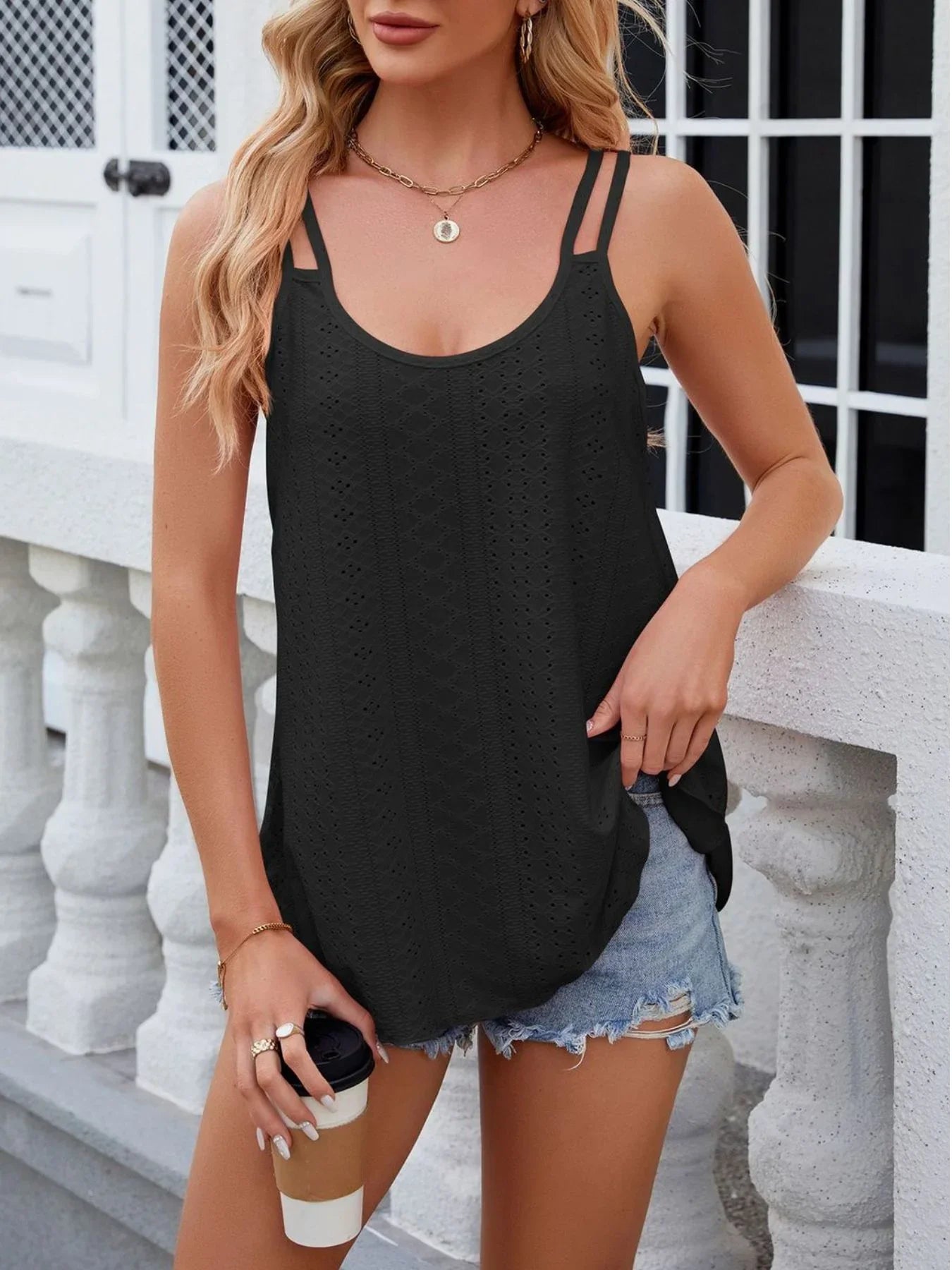 Eyelet Double Strap Cami Top With Intricate Pattern Details - Southern Shores Clothing