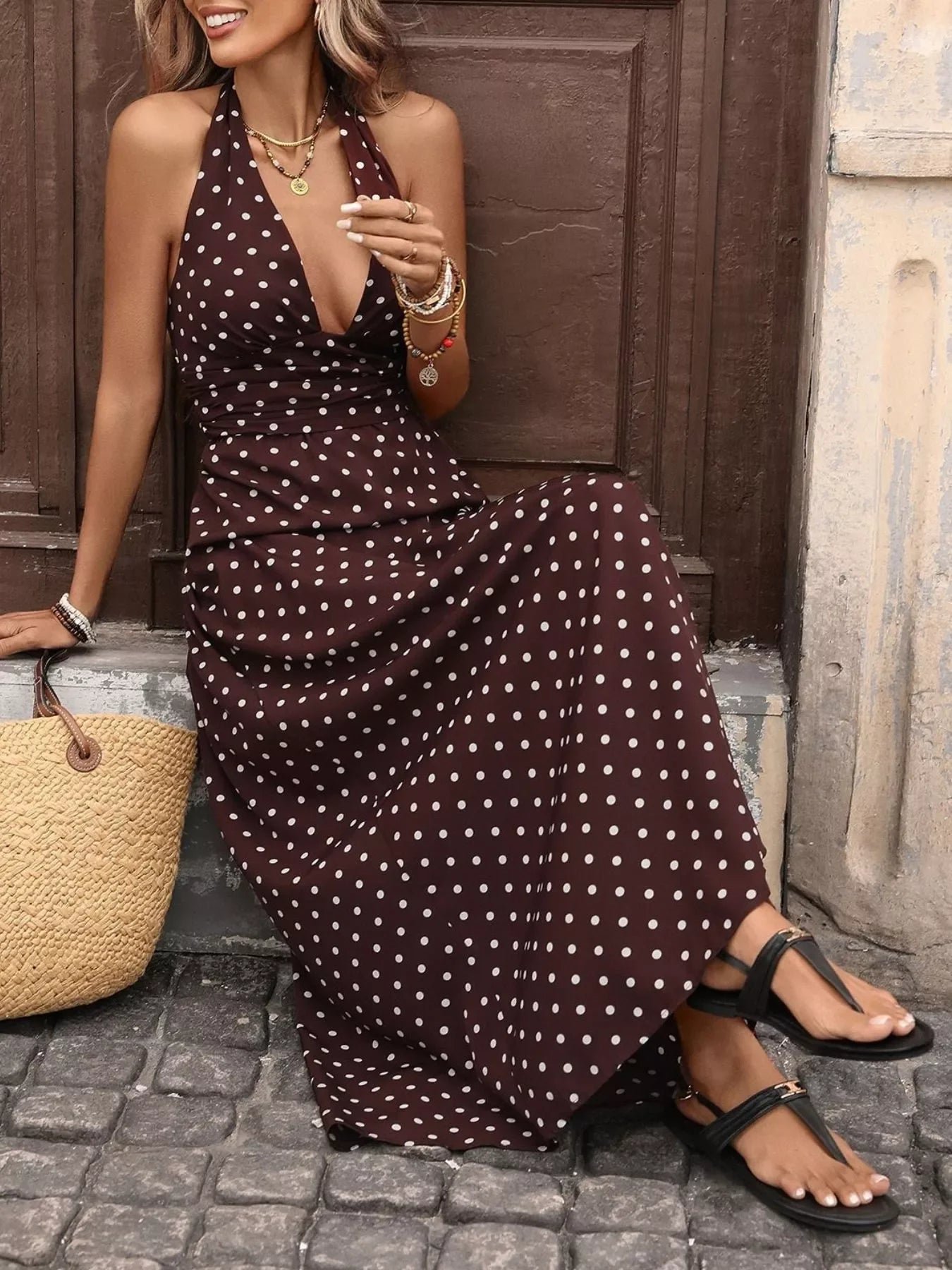 Halter Neck Maxi Dress With Polka Dot Pattern - Southern Shores Clothing