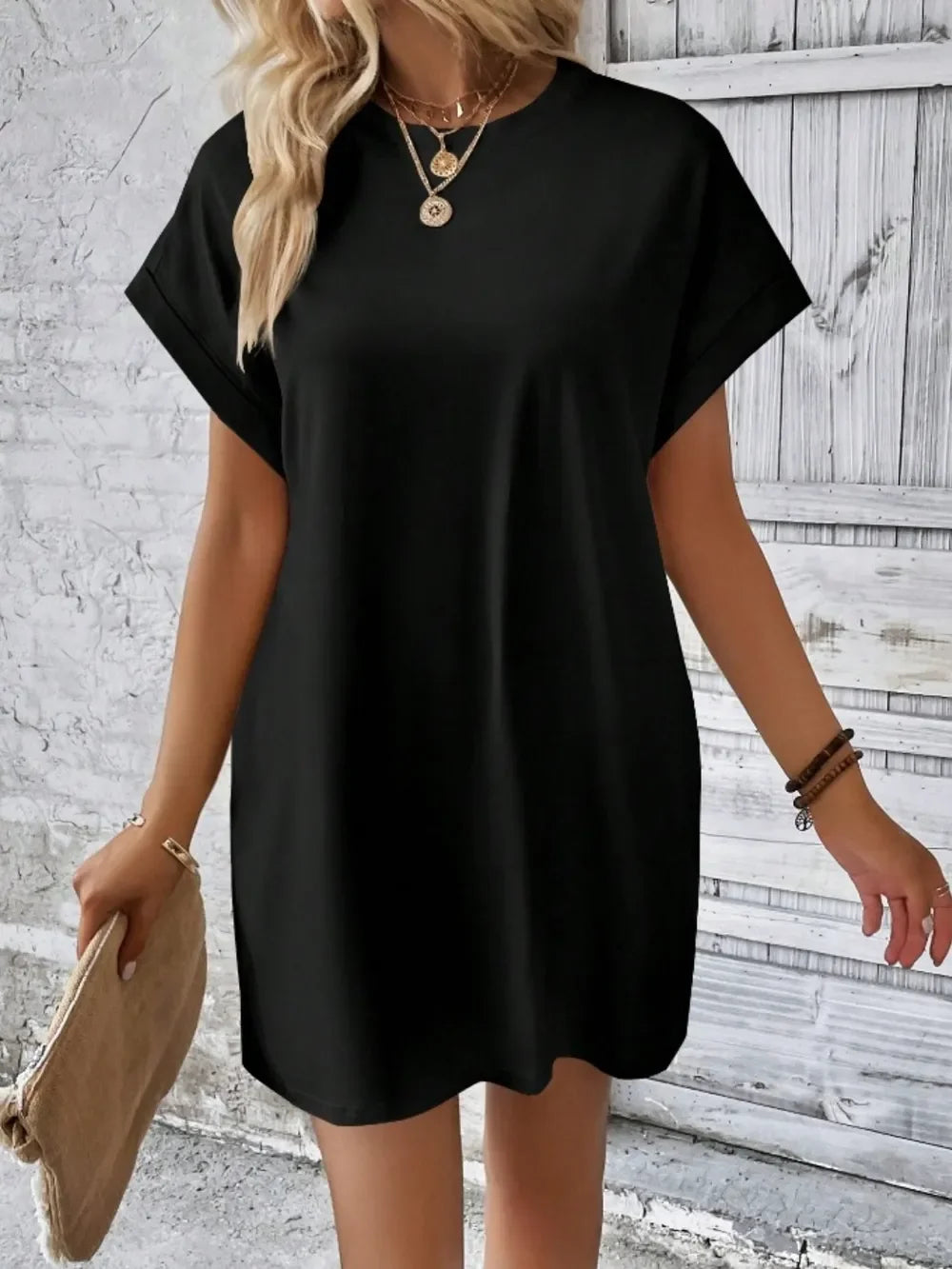 Pocketed Round Neck Short Sleeve Dress - Southern Shores Clothing