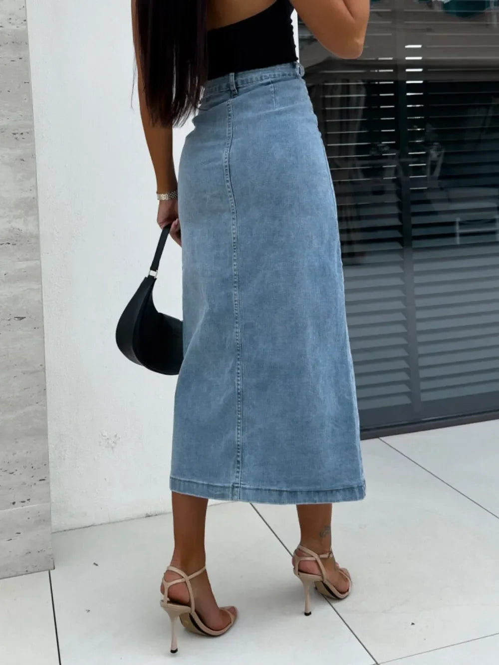 Midi Denim Skirt With Front Button Slit Style - Southern Shores Clothing