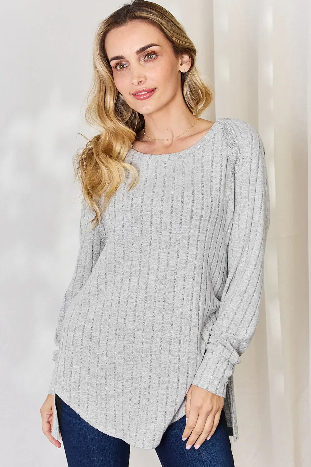 Ribbed Round Neck Slit T Shirt With Stretch - Southern Shores Clothing