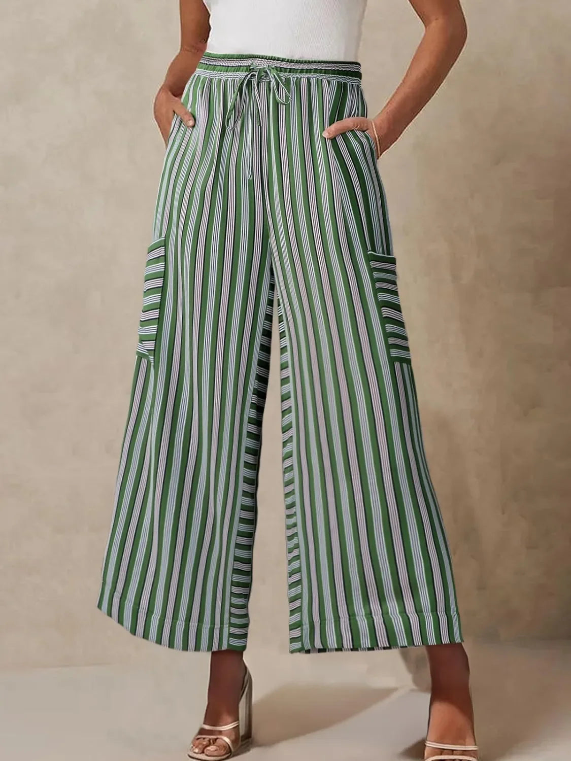 Wide Leg Contrast Striped Pants With Breathable Fabric - Southern Shores Clothing