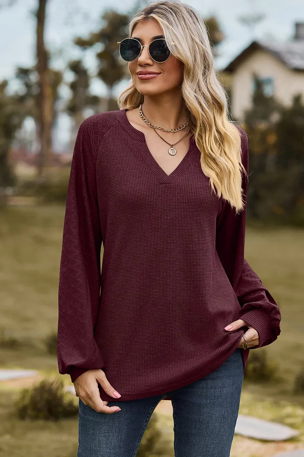 Eyelet Notched Raglan Sleeve T-Shirt - Southern Shores Clothing
