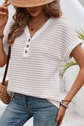 Striped Knit V Neck Button Front T Shirt - Southern Shores Clothing