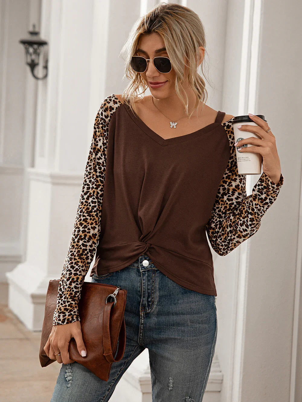 Leopard Print Twist Front Cold Shoulder Tee - Southern Shores Clothing
