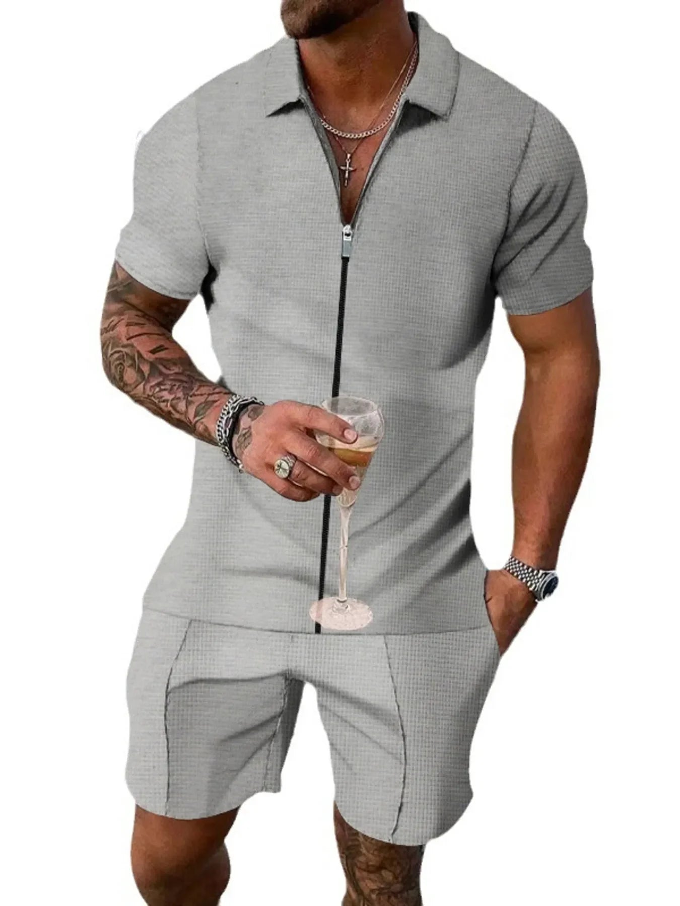 Men's Plus Size Zip Up Short Sleeve Top and Shorts Set - Southern Shores Clothing