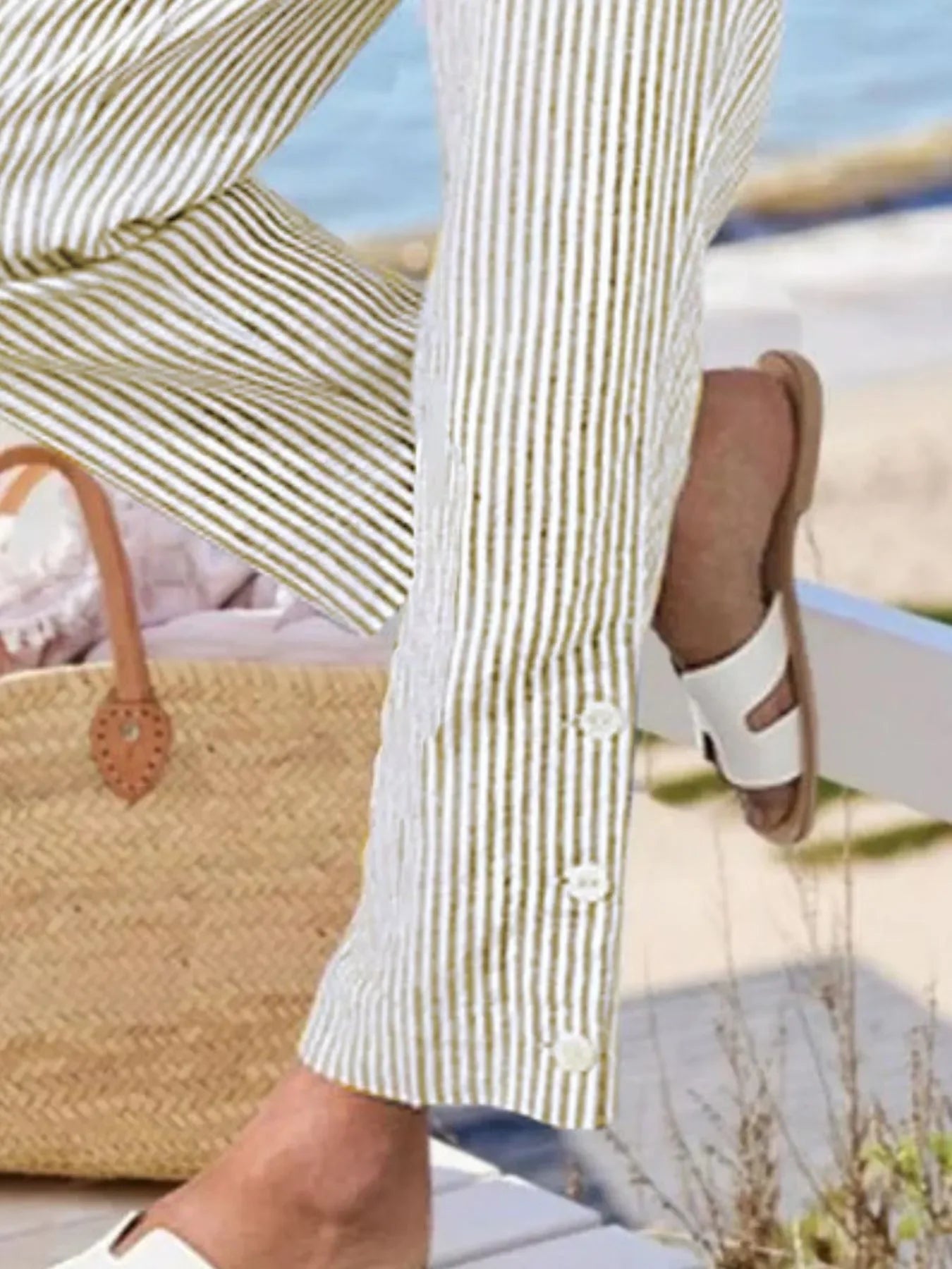 Striped Button Detail Plus Size Pants Coastal Comfort - Southern Shores Clothing