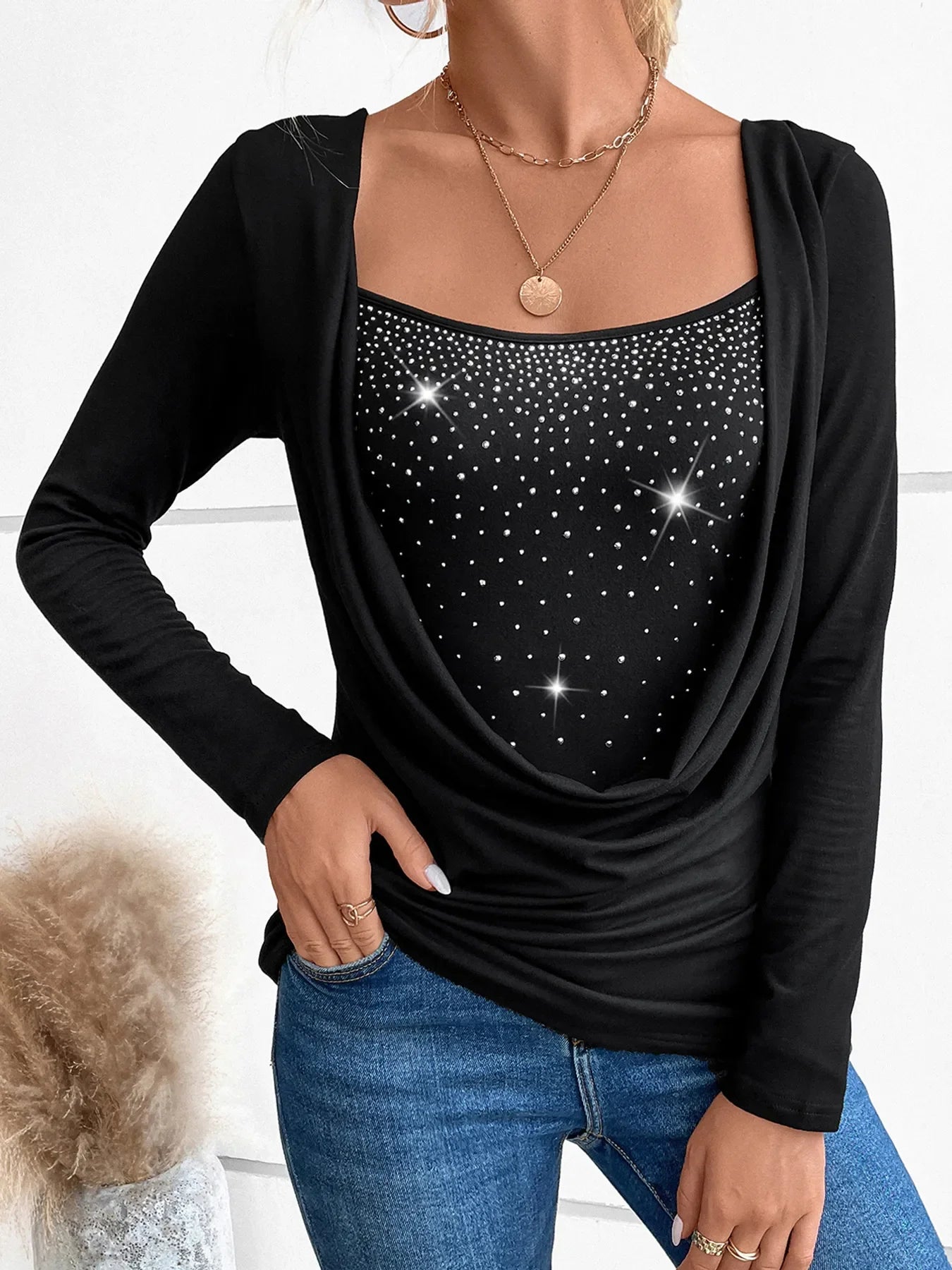 Rhinestone Ruched Long Sleeve T-Shirt - Southern Shores Clothing