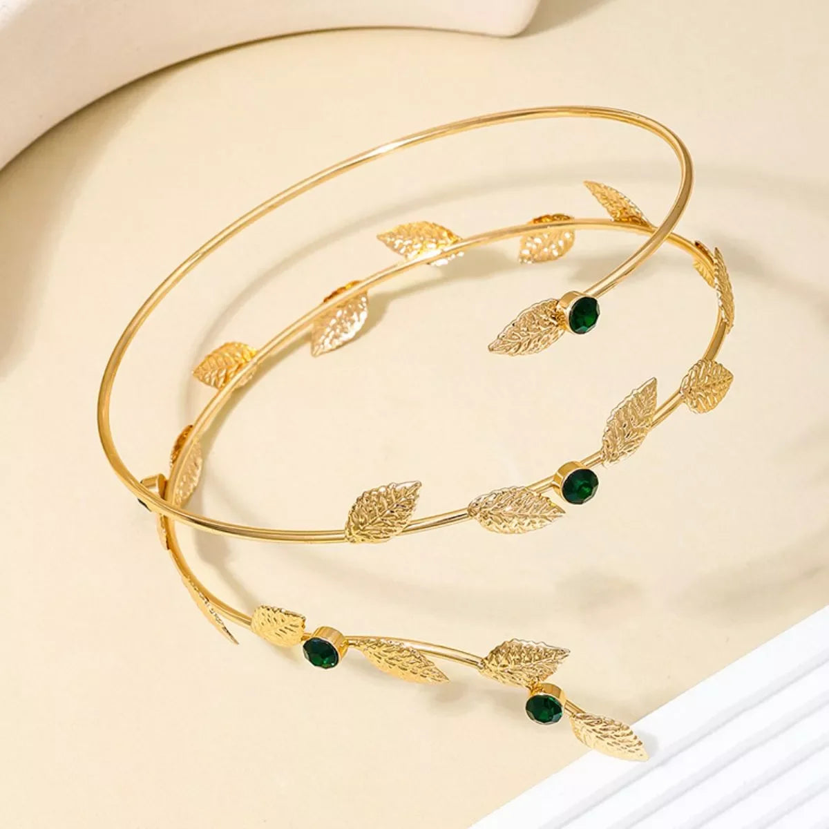 Rhinestone Leaf Bracelet Open Cuff 18K Gold Plated Alloy - Southern Shores Clothing