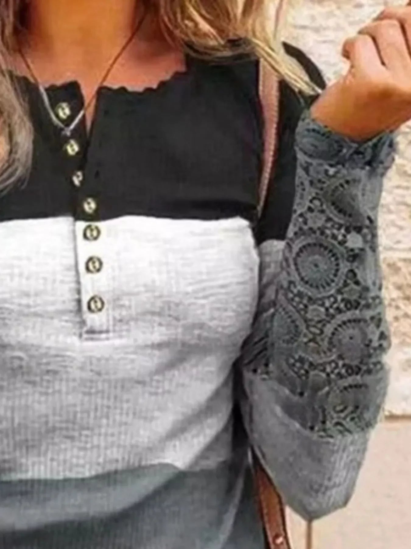 Block Lace Detail Half Button Knit Shirt - Southern Shores Clothing