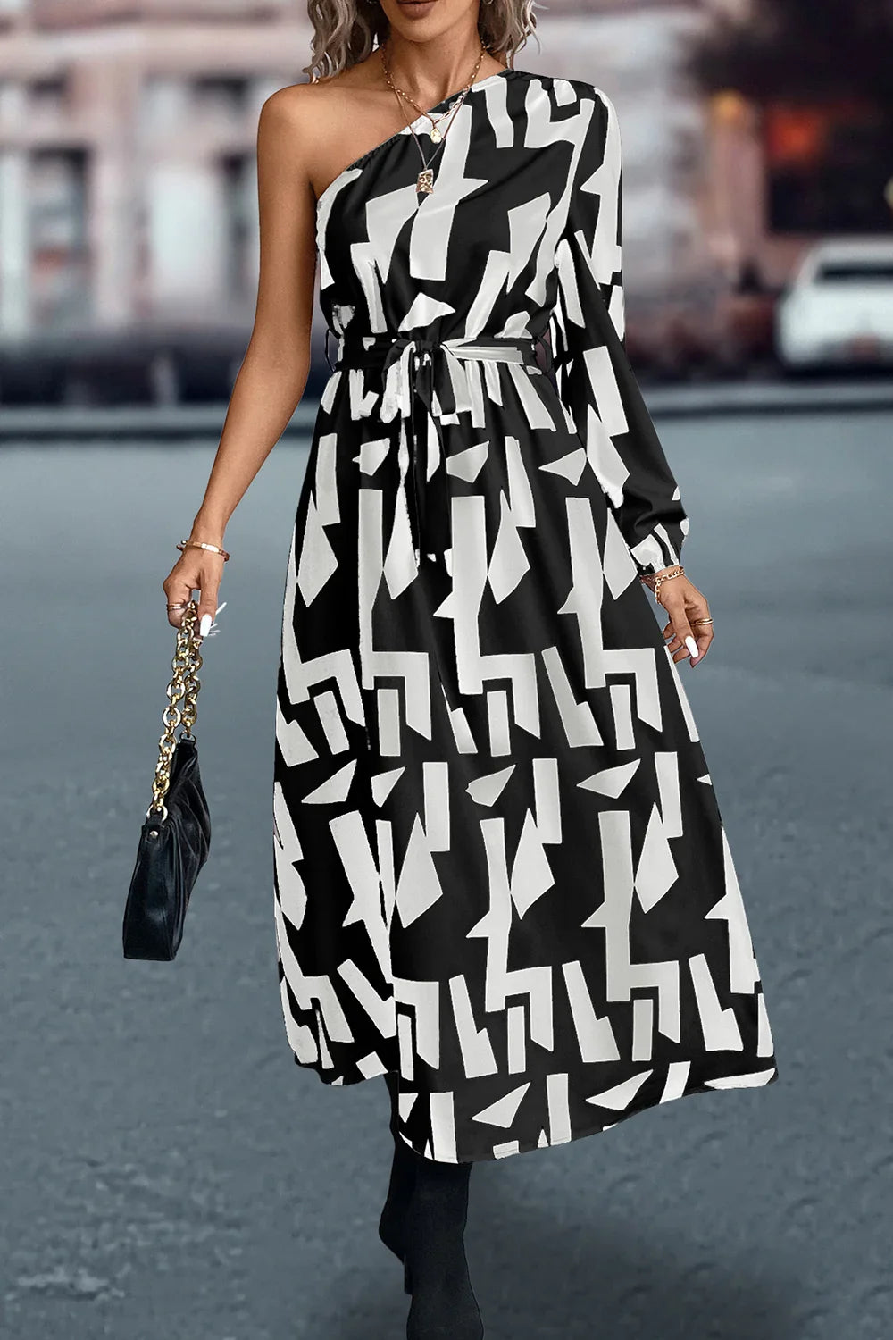 Printed One-Shoulder Tie Waist Dress - Southern Shores Clothing