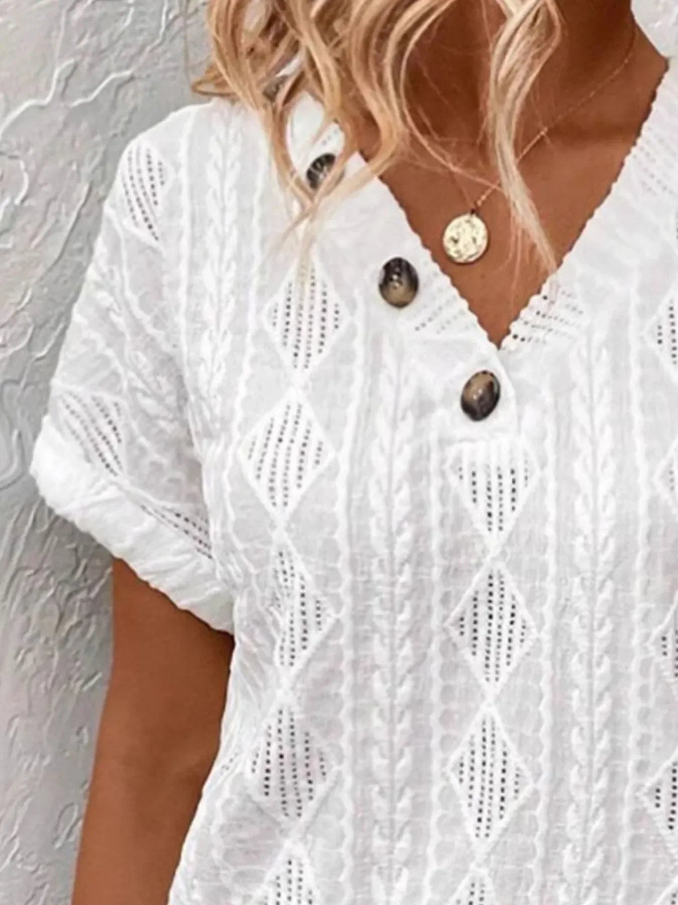Textured V-Neck Short Sleeve Buttoned Top With Openwork - Southern Shores Clothing