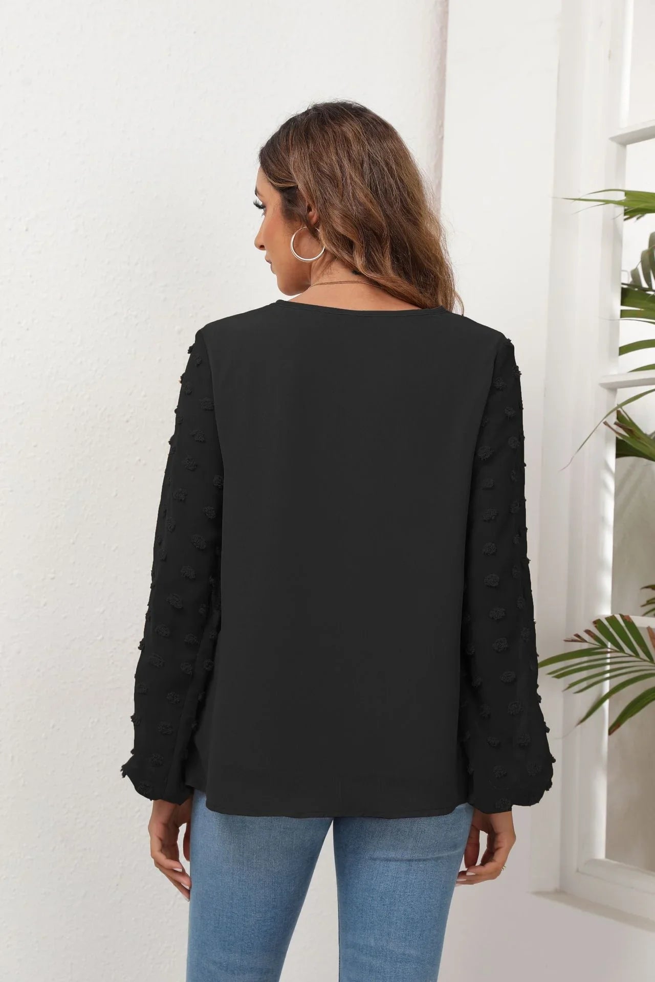 Stretch Swiss Dot V Neck Balloon Sleeve Blouse - Southern Shores Clothing