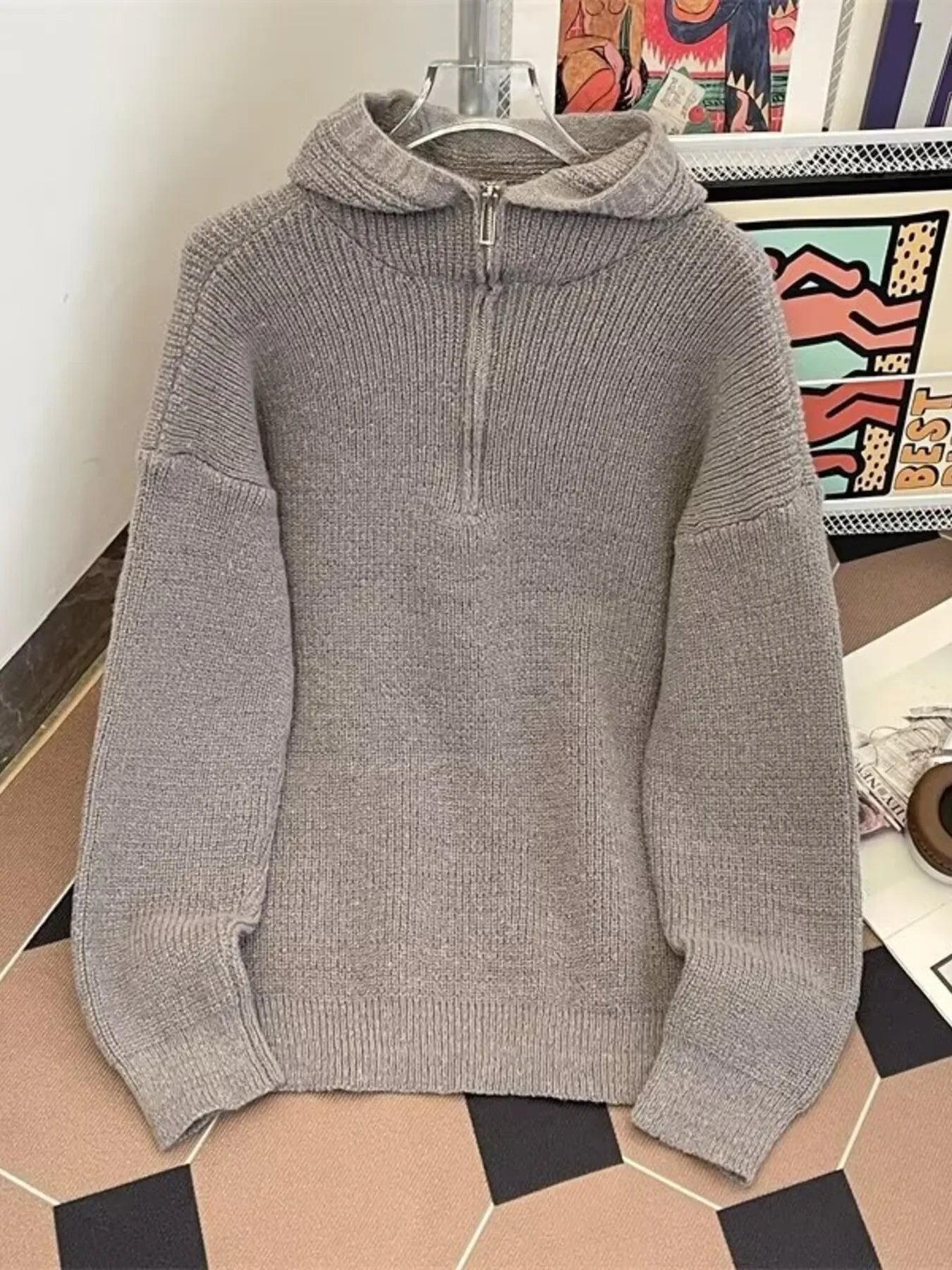 Relaxed Fit Stretch Hooded Half Zip Sweater