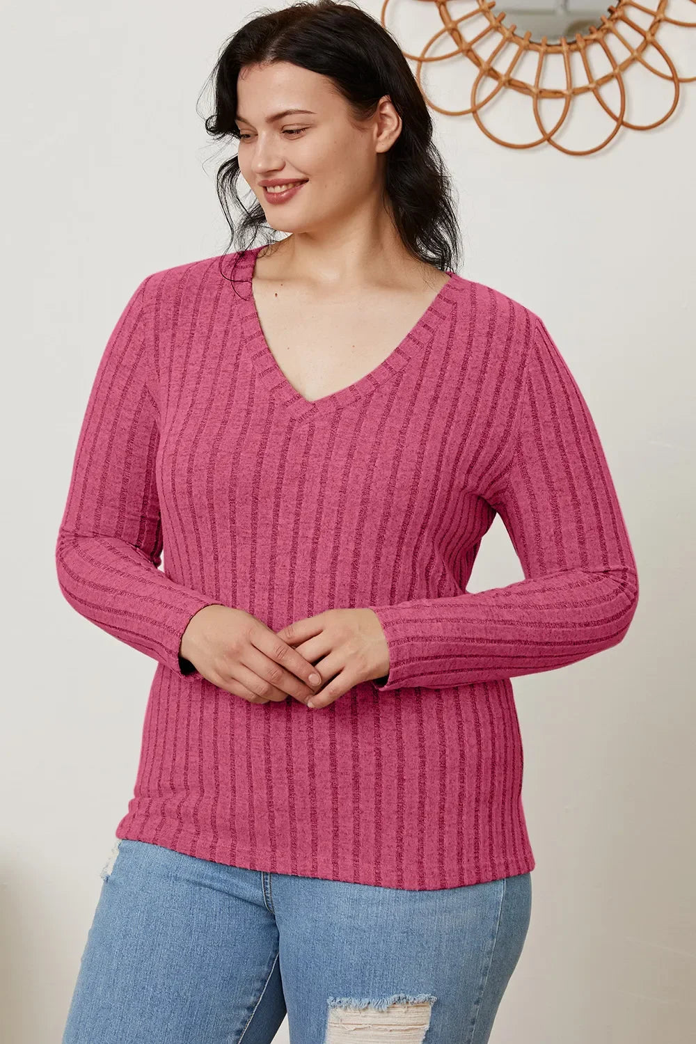 Classic Ribbed V-Neck Long Sleeve Knit Tee Top - Southern Shores Clothing