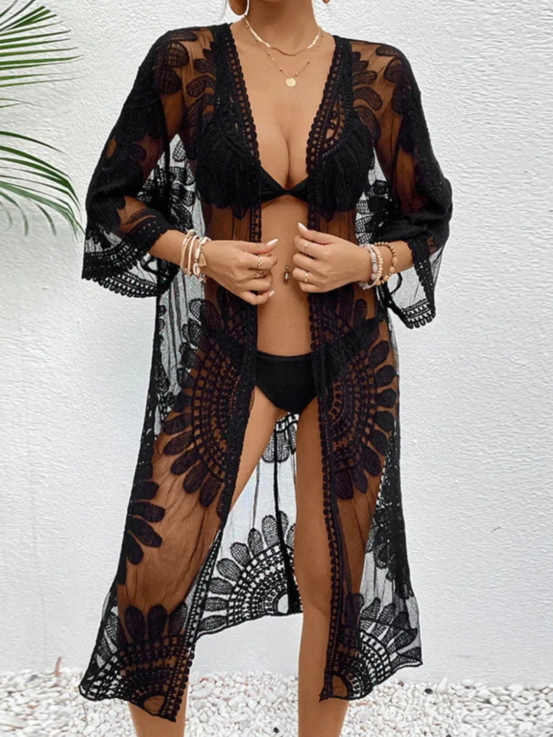 Lace Open Front Longline Cover Up One Size - Southern Shores Clothing