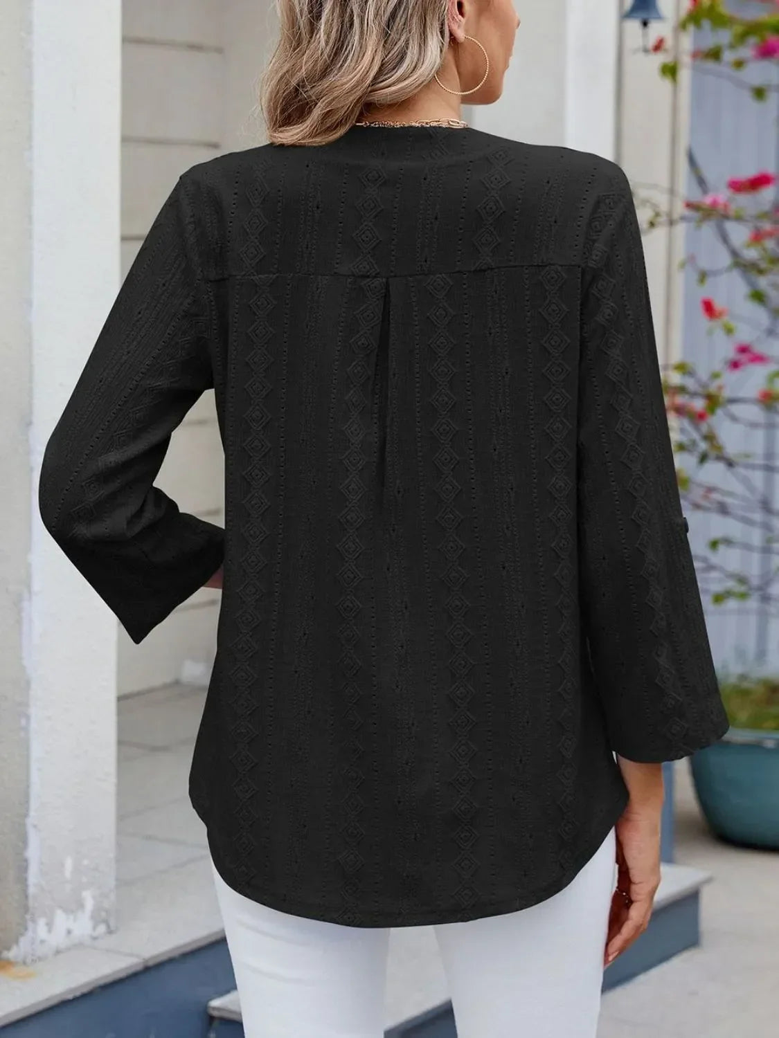 Eyelet Notched Roll-Tab Sleeve Top For Everyday Casual Wear - Southern Shores Clothing