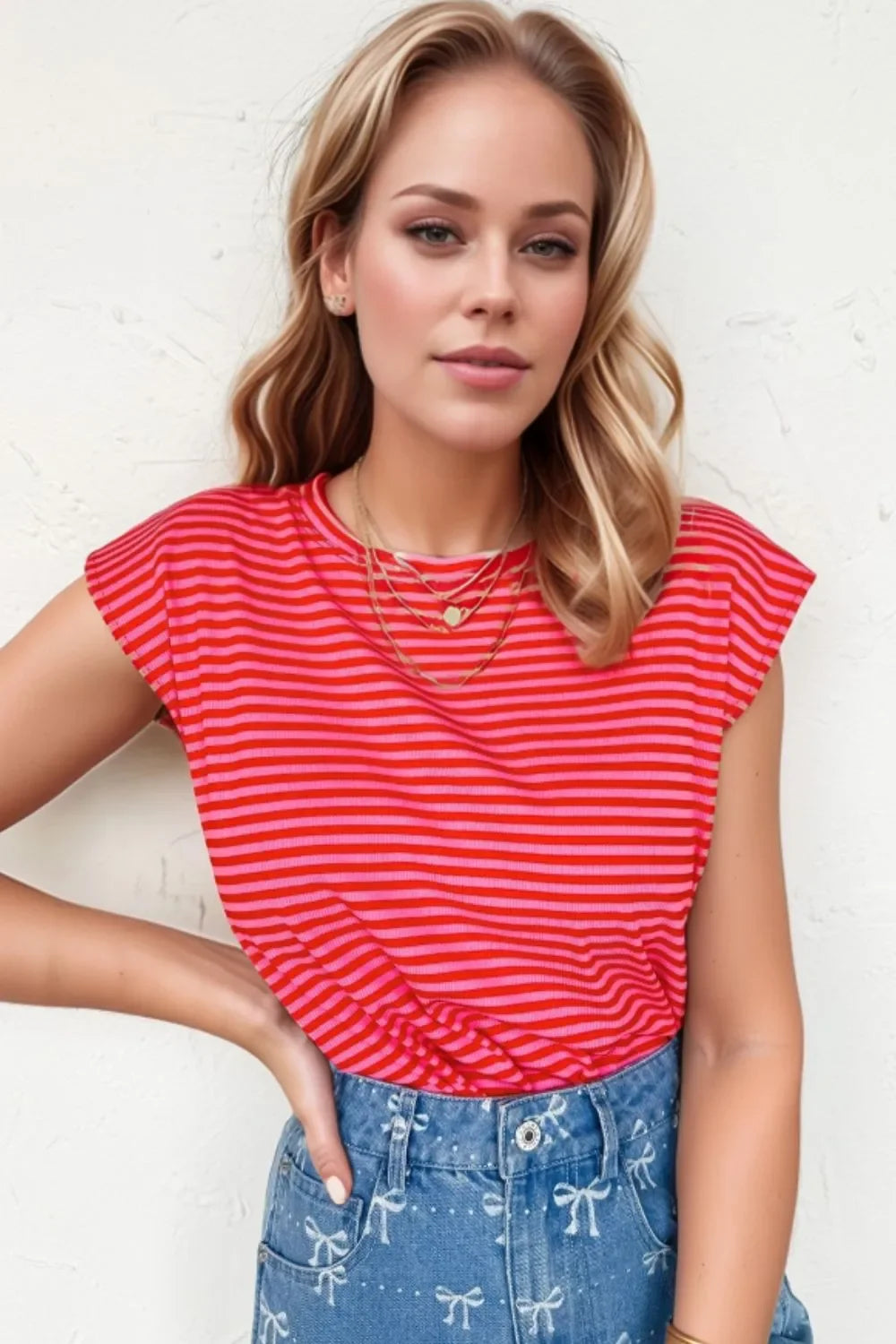 Stripe Ribbed Cap Sleeve Round Neck T Shirt - Southern Shores Clothing