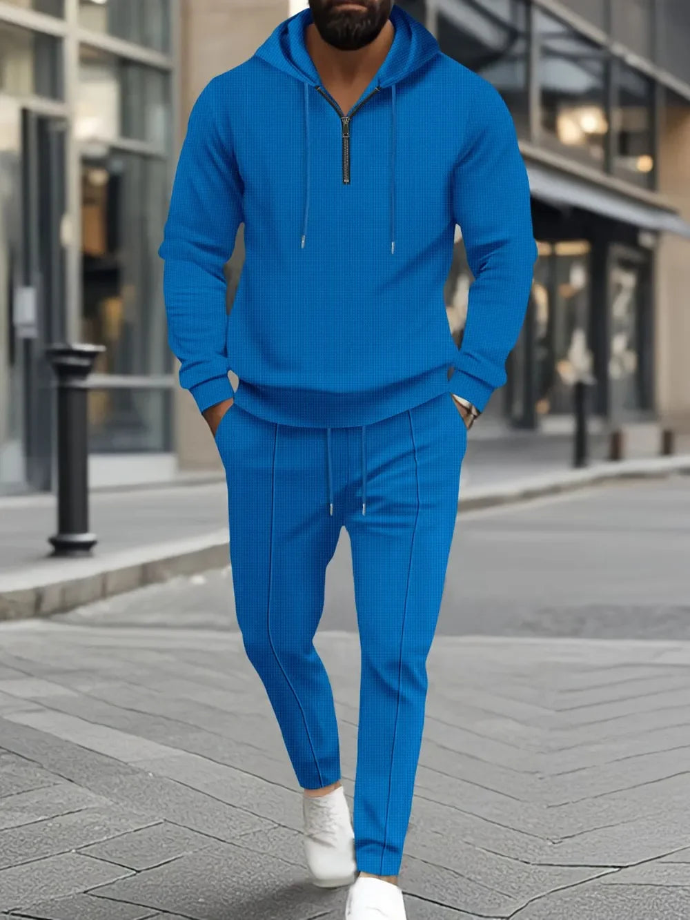 Men's Full Size Waffle-Knit Half Zipper Hoodie and Pants Set Plus Size - Southern Shores Clothing