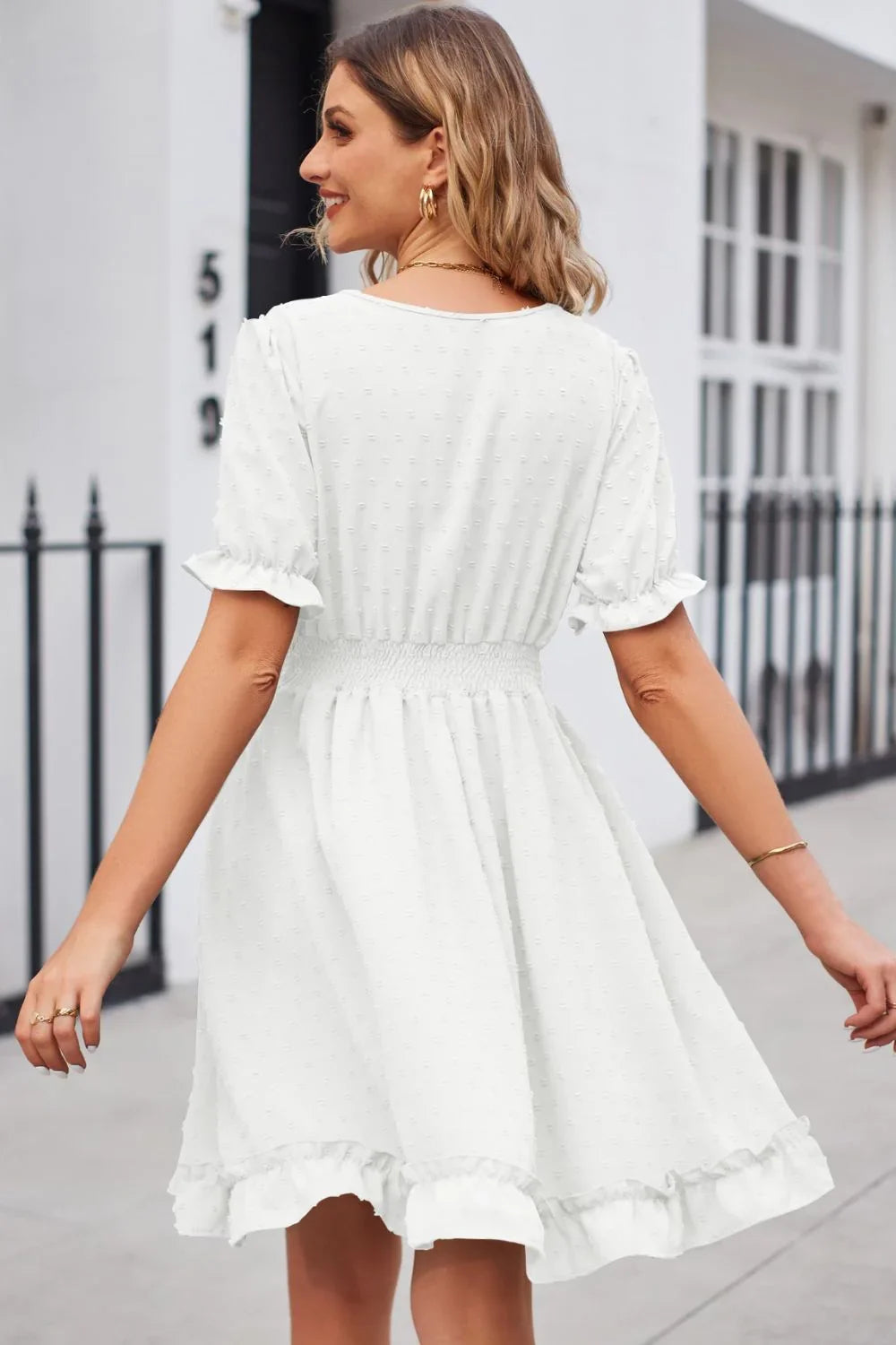 Swiss Dot Frill Trim Flounce Sleeve V Neck Dress - Southern Shores Clothing