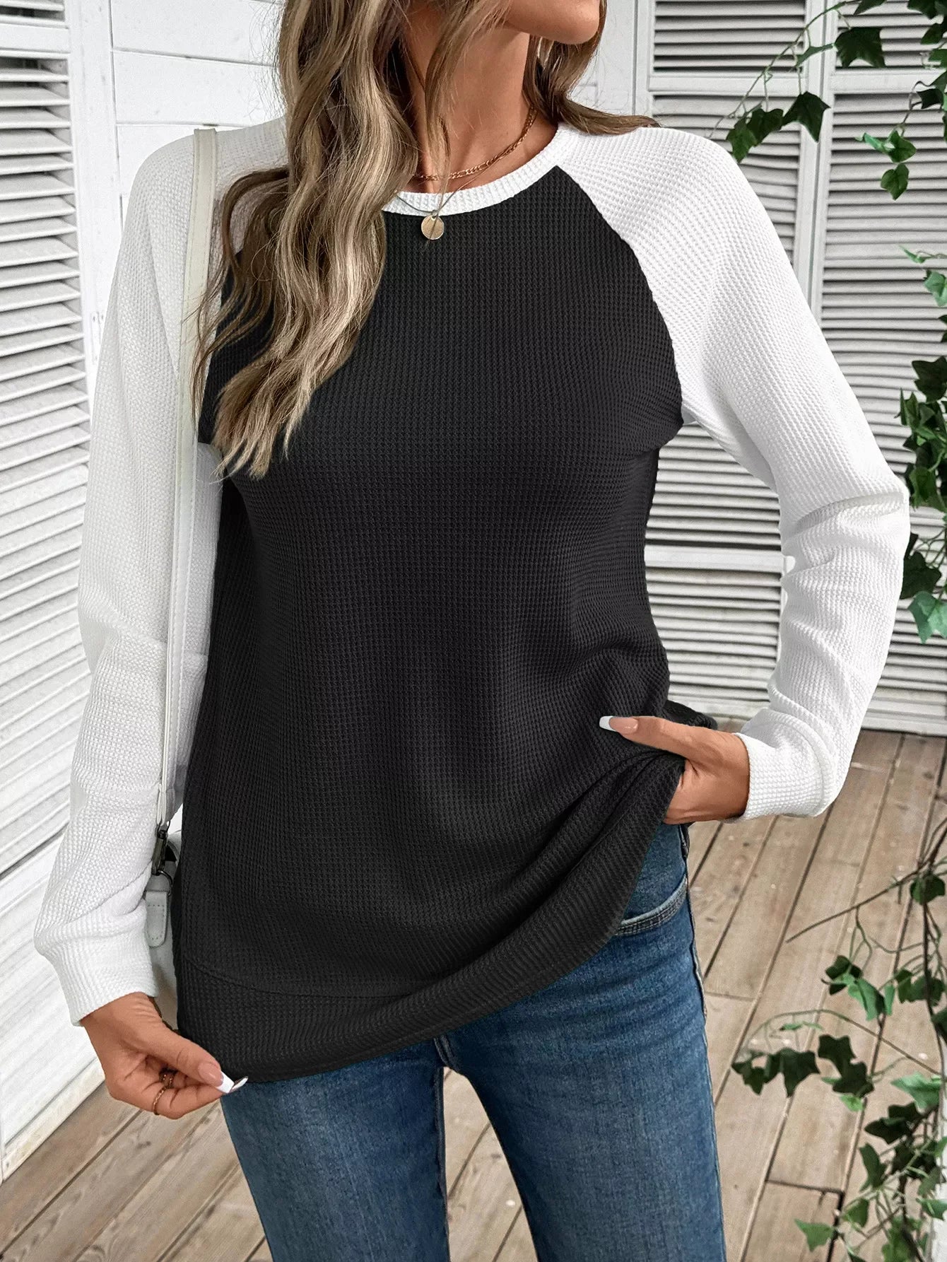 Contrast Raglan Sleeves Waffle Knit T Shirt - Southern Shores Clothing