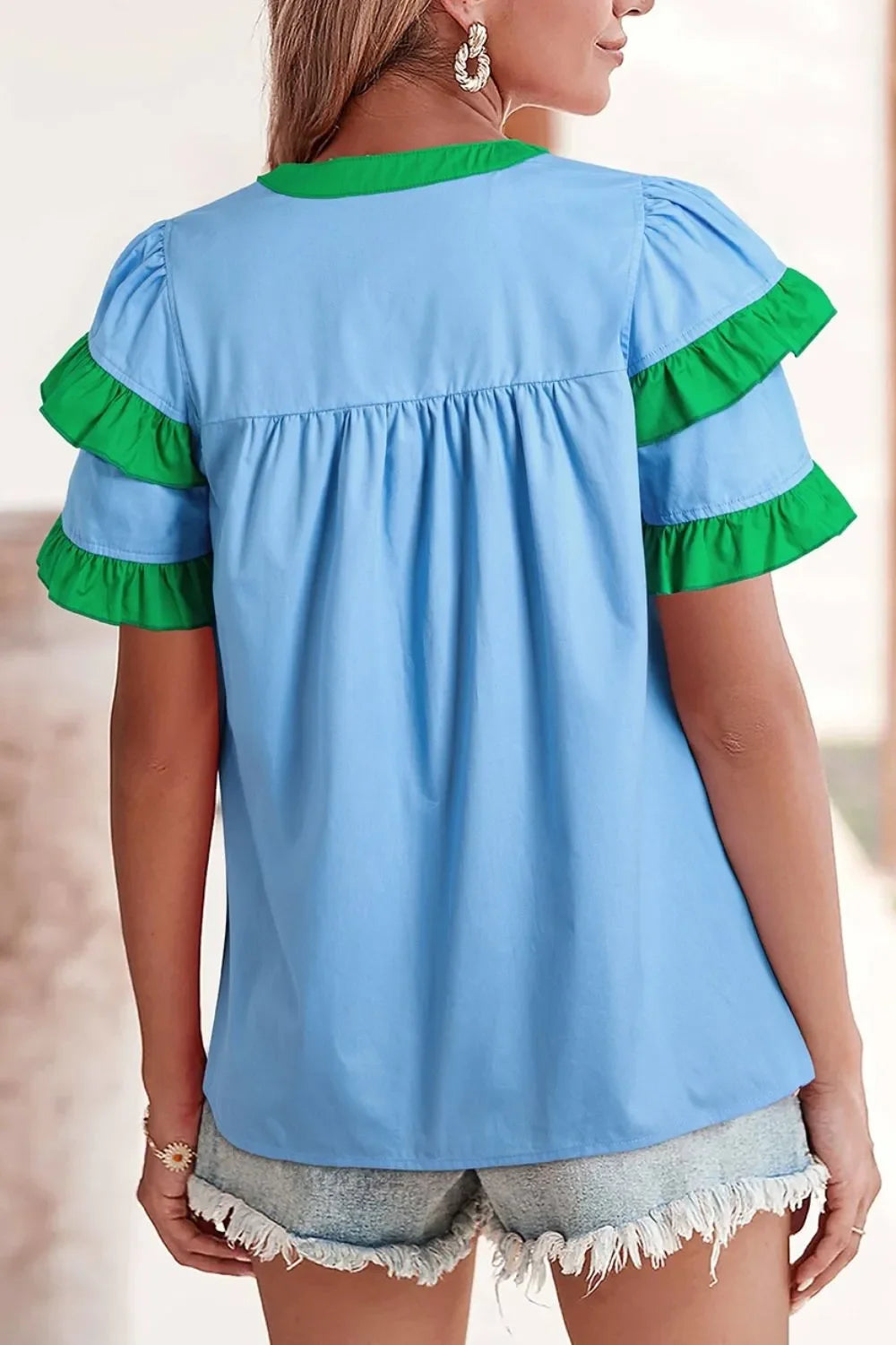 Cotton Notched Neck Frilly Detail Short Sleeve Blouse - Southern Shores Clothing