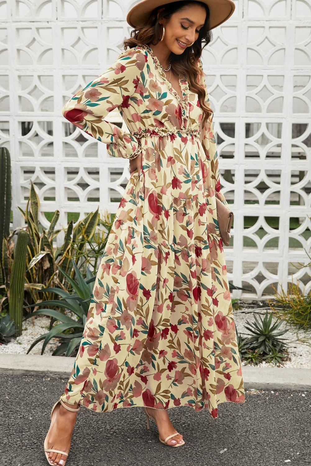 Floral Frill Trim Flounce Sleeve Plunge Maxi Dress - Southern Shores Clothing
