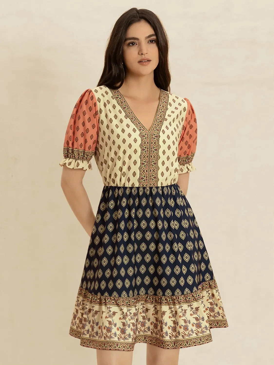 V-Neck Short Sleeve Boho Dress With Printed Paisley Pattern - Southern Shores Clothing
