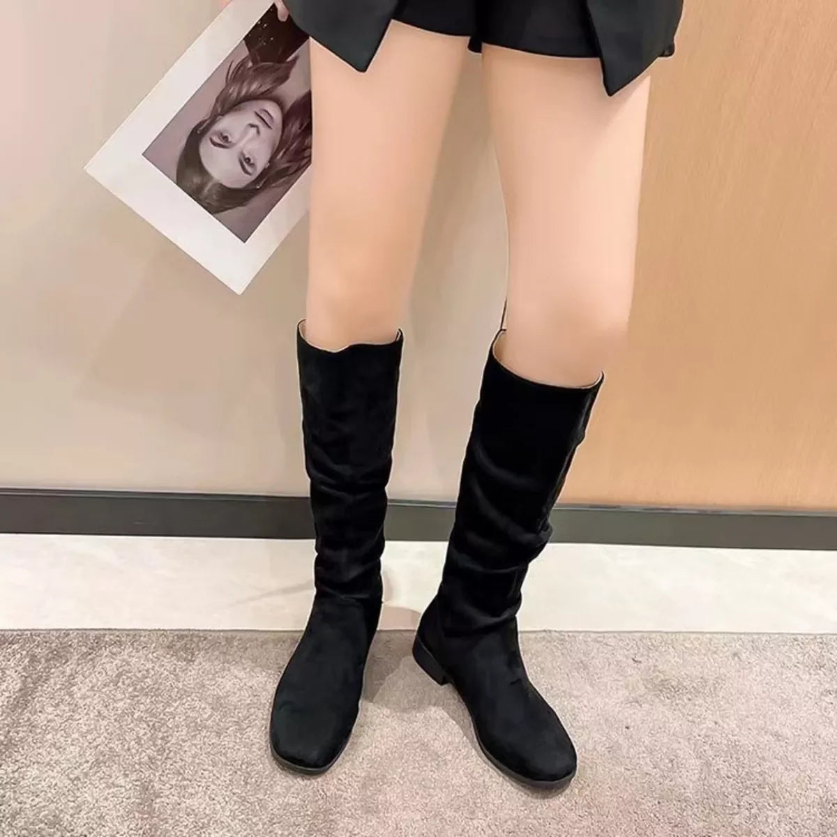 Round Toe Block Heel Boots Suede Rubber Sole