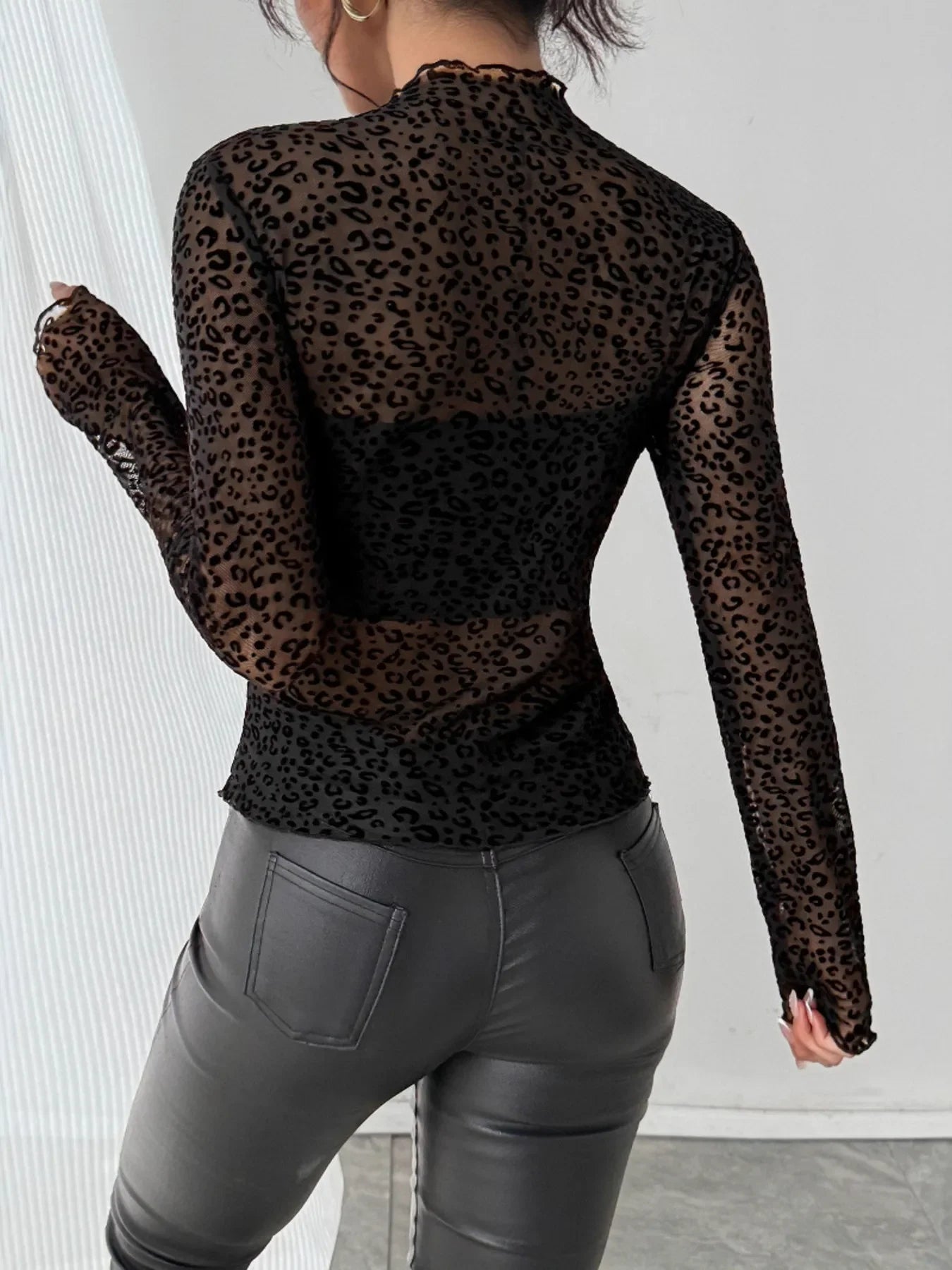 Leopard Print Mesh Long Sleeve Top With Sheer Fabric - Southern Shores Clothing