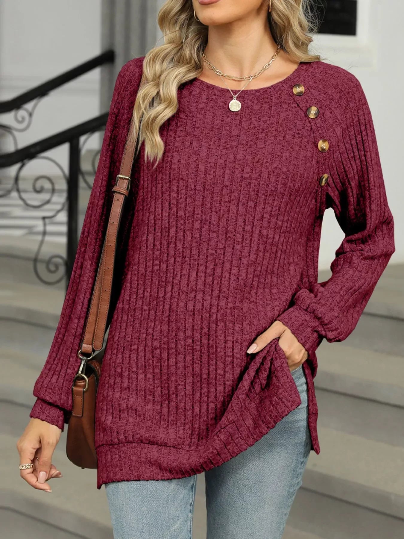 Round Neck Side Slit Ribbed Knit Top with Asymmetric Button Detail - Southern Shores Clothing