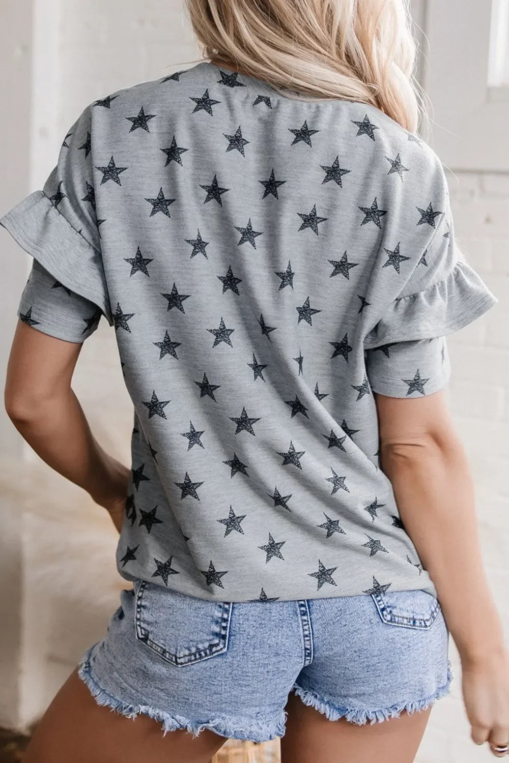 Star Print Tiered Ruffled Sleeve Crew Neck T Shirt - Southern Shores Clothing