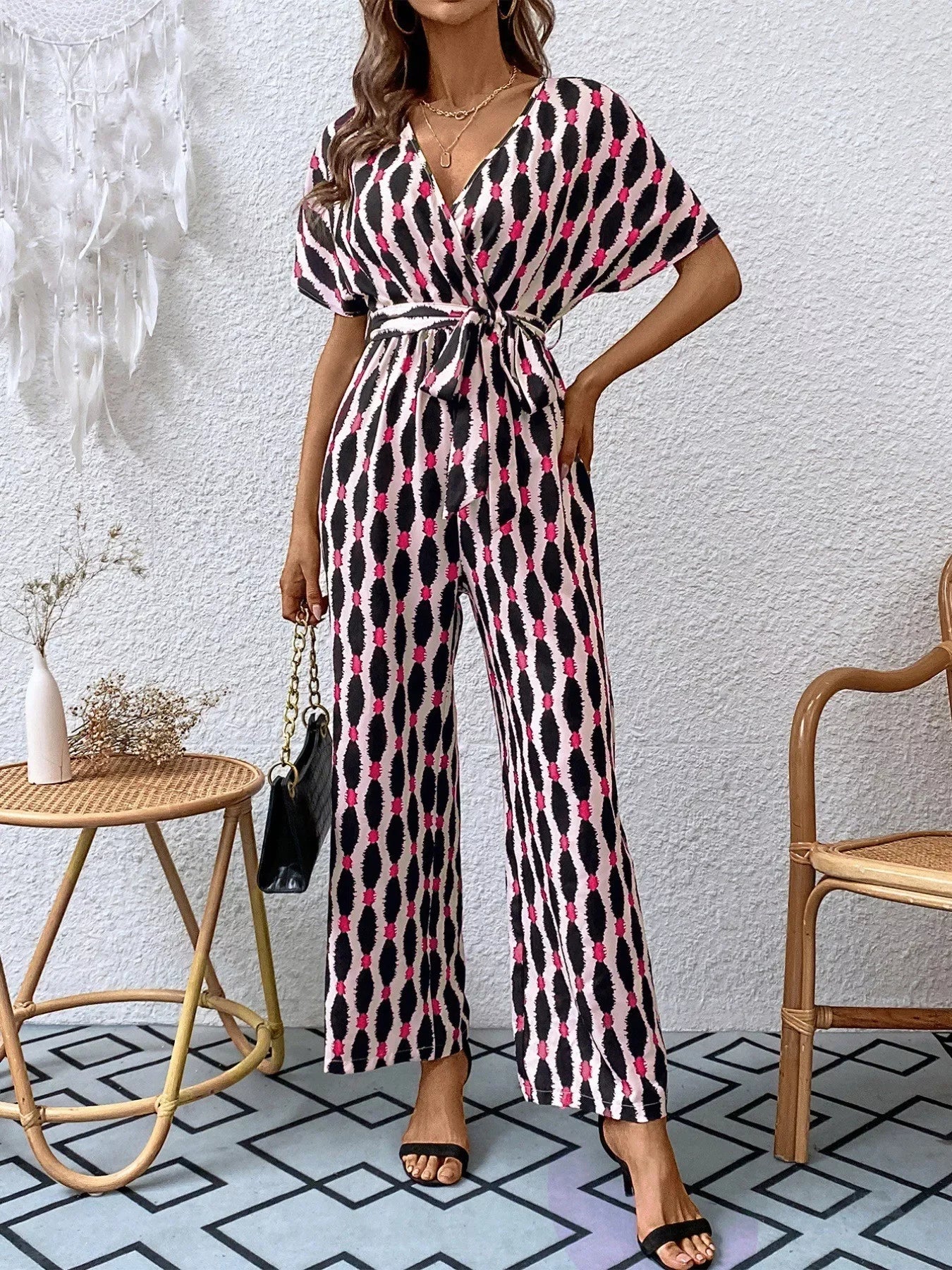 Printed Surplice Tie Waist Short Sleeve Jumpsuit - Southern Shores Clothing