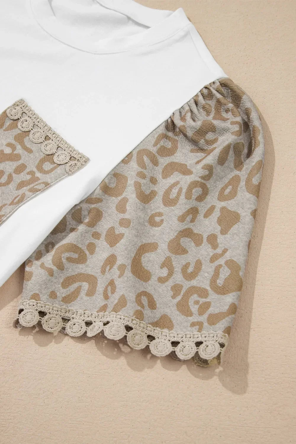 Leopard Patchwork Crochet Lace Trim Puff Sleeve T Shirt - Southern Shores Clothing