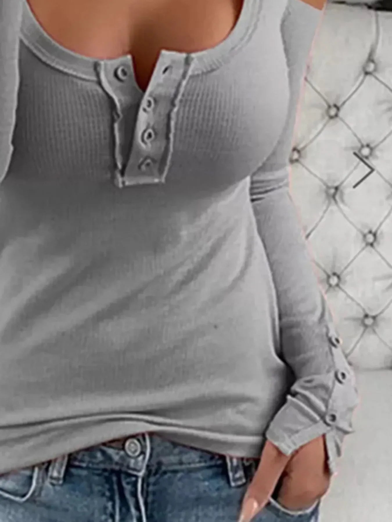 Cold Shoulder Ribbed Henley Tee With Button Detail - Southern Shores Clothing