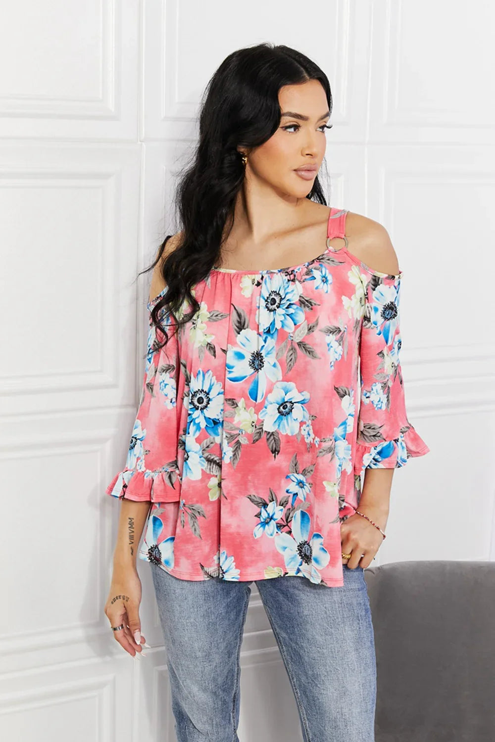 Floral Cold Shoulder Knit Top With Stretch - Southern Shores Clothing