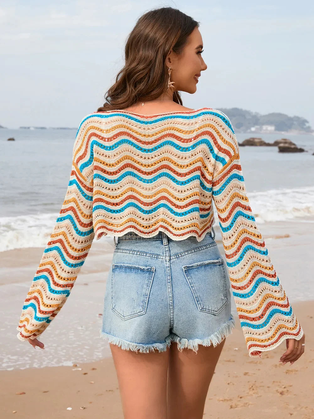 Striped Sheer Long Sleeve Beach Swim Cover Up - Southern Shores Clothing