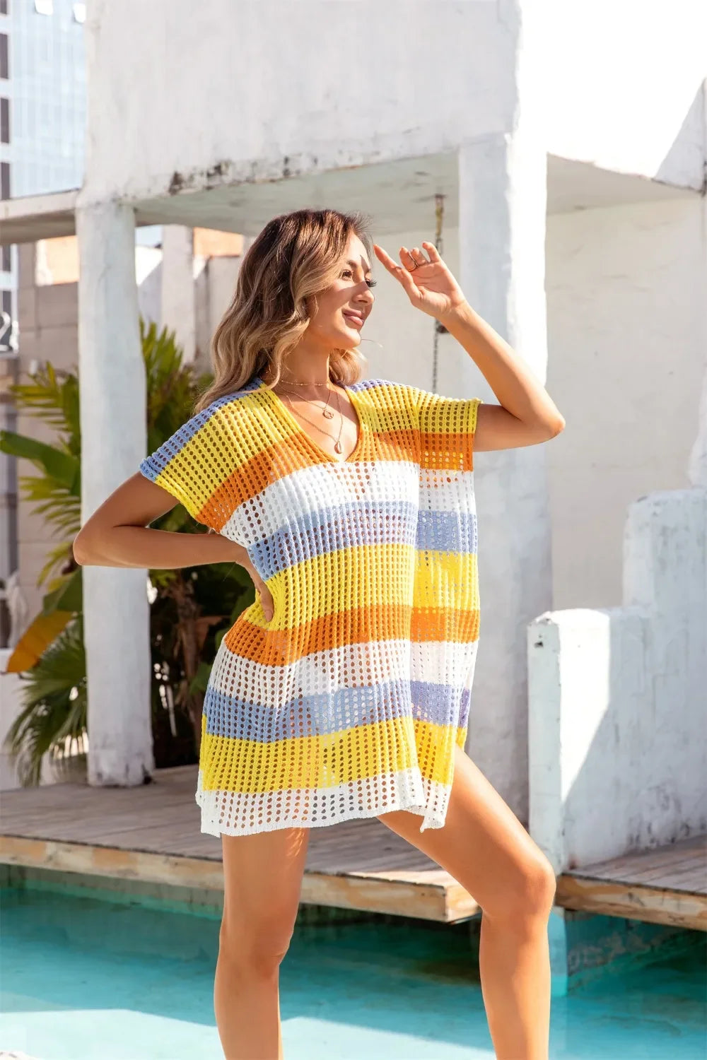 Openwork Striped V-Neck Short Sleeve Cover Up One Size - Southern Shores Clothing