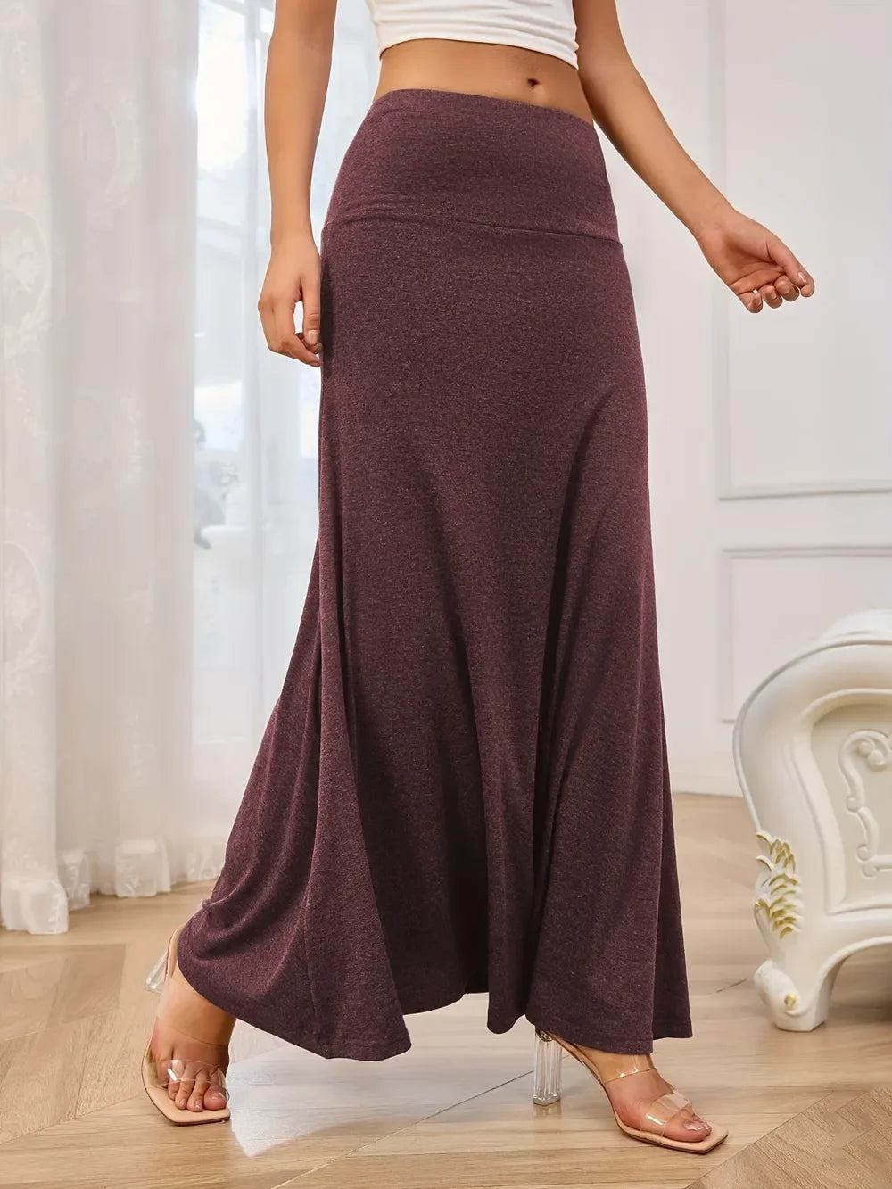 Elegant Solid Elastic Waist Flowy Maxi Skirt - Southern Shores Clothing