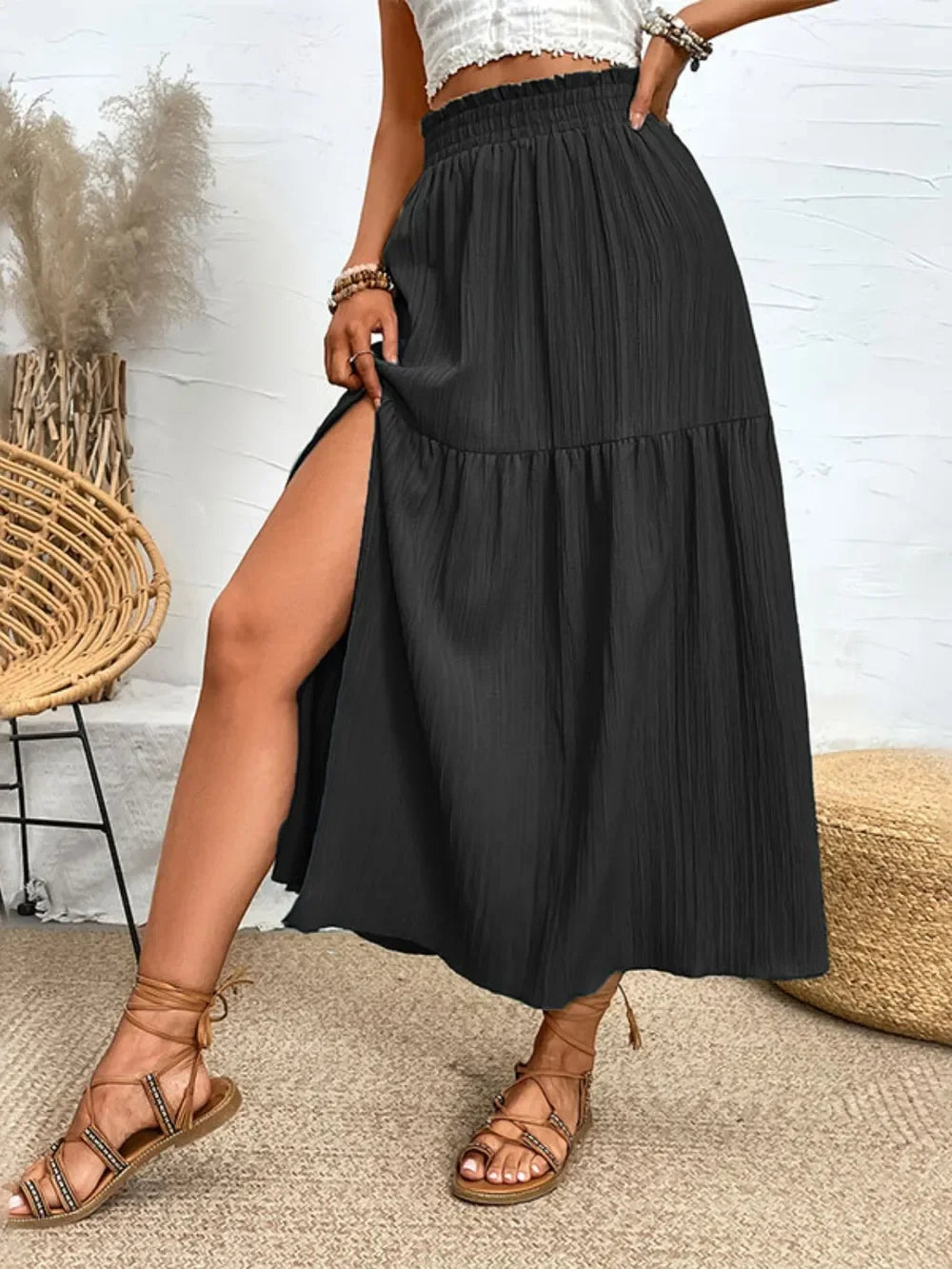 Lightweight Polyester Blend Frill Slit Skirt - Southern Shores Clothing