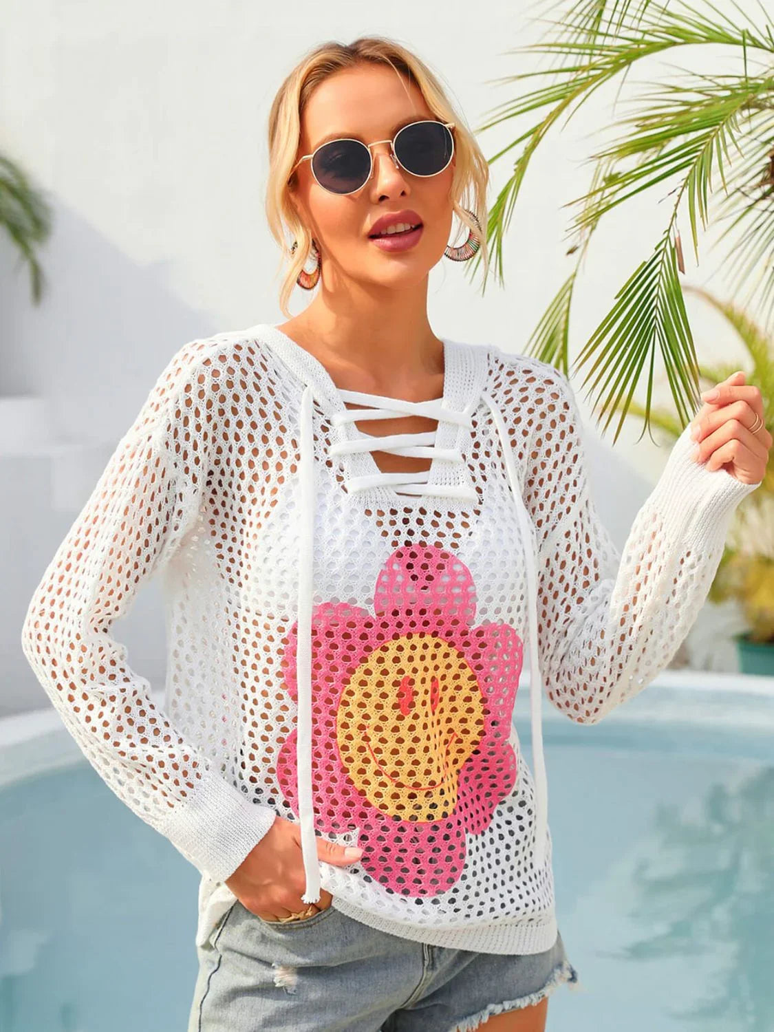 Floral Lace-Up Hooded Stretch Swim Cover Up - Southern Shores Clothing