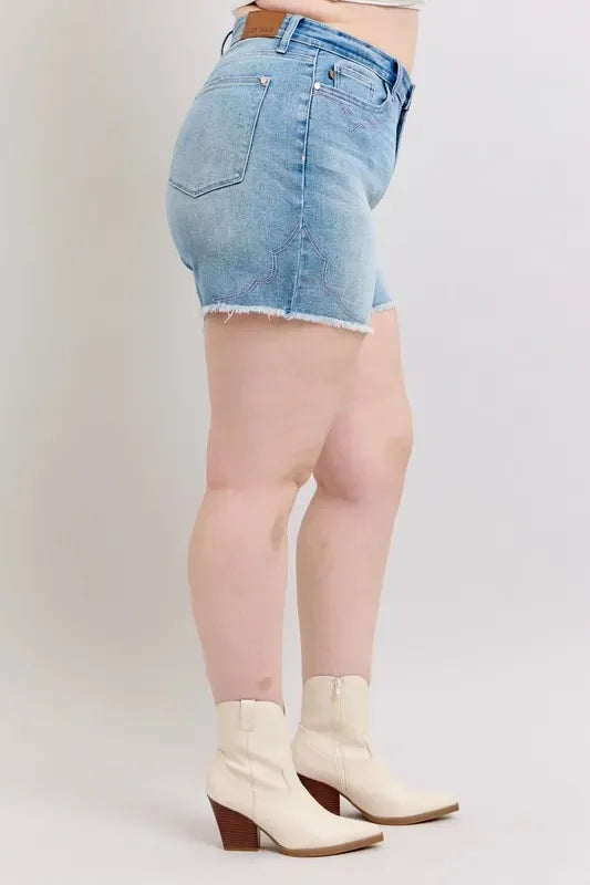 Plus Size High Waist Western Embroidered Cutoff Denim Shorts - Southern Shores Clothing